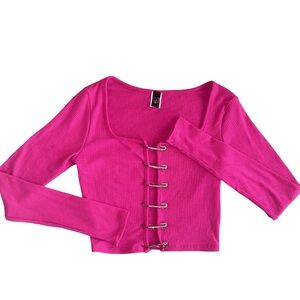 Windsor Fuchsia Ribbed Crop Top with Bling Safety Pin Details